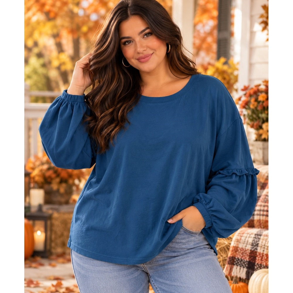 Falls Creek Women's Plus 2X Blue Balloon Sleeve Top Round Neck Relaxed Fit